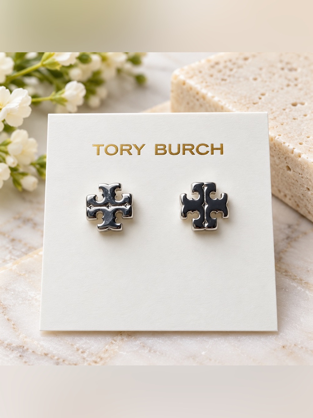 Tory Burch Silver Logo Stud Earrings